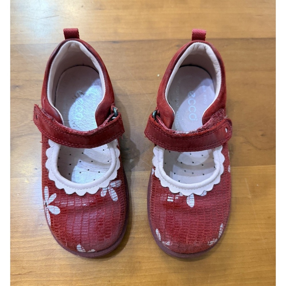 ECCO Leather Mary Jane Hook & Loop Floral Red/White Girls Kids Shoes US 8